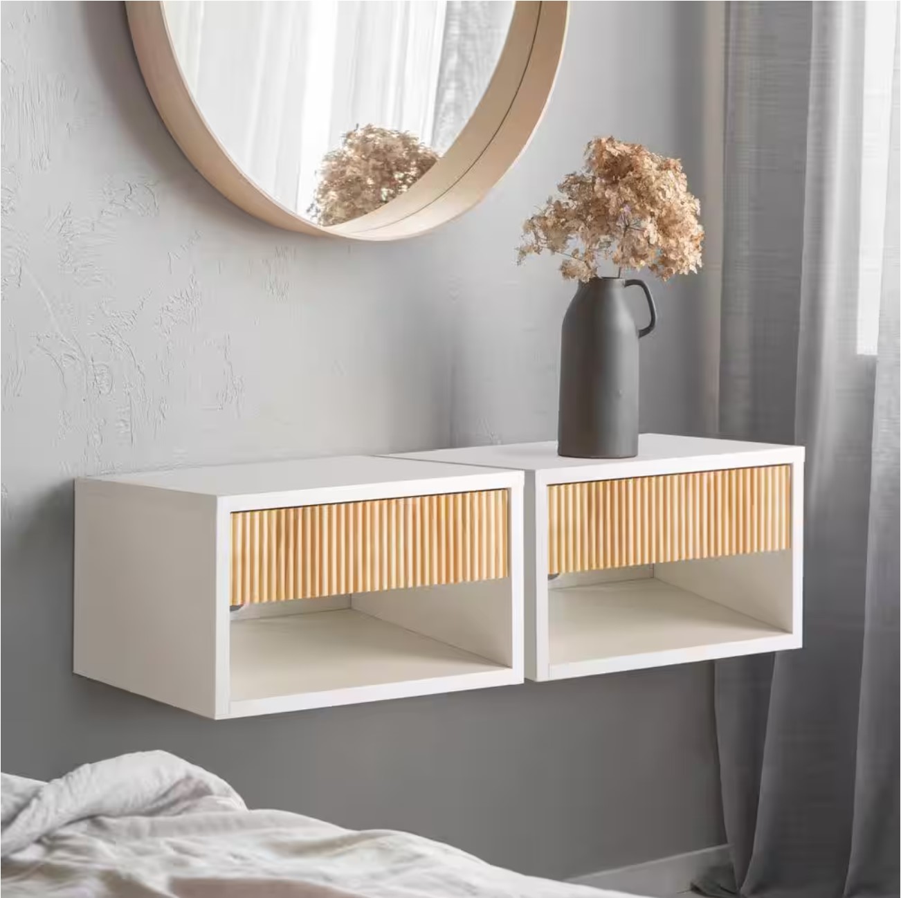 Elise 15.71 in. Classic Floating Wall Mounted Nightstand with Soft-Close Tambour Drawer and Cable Hole, White/Light Oak