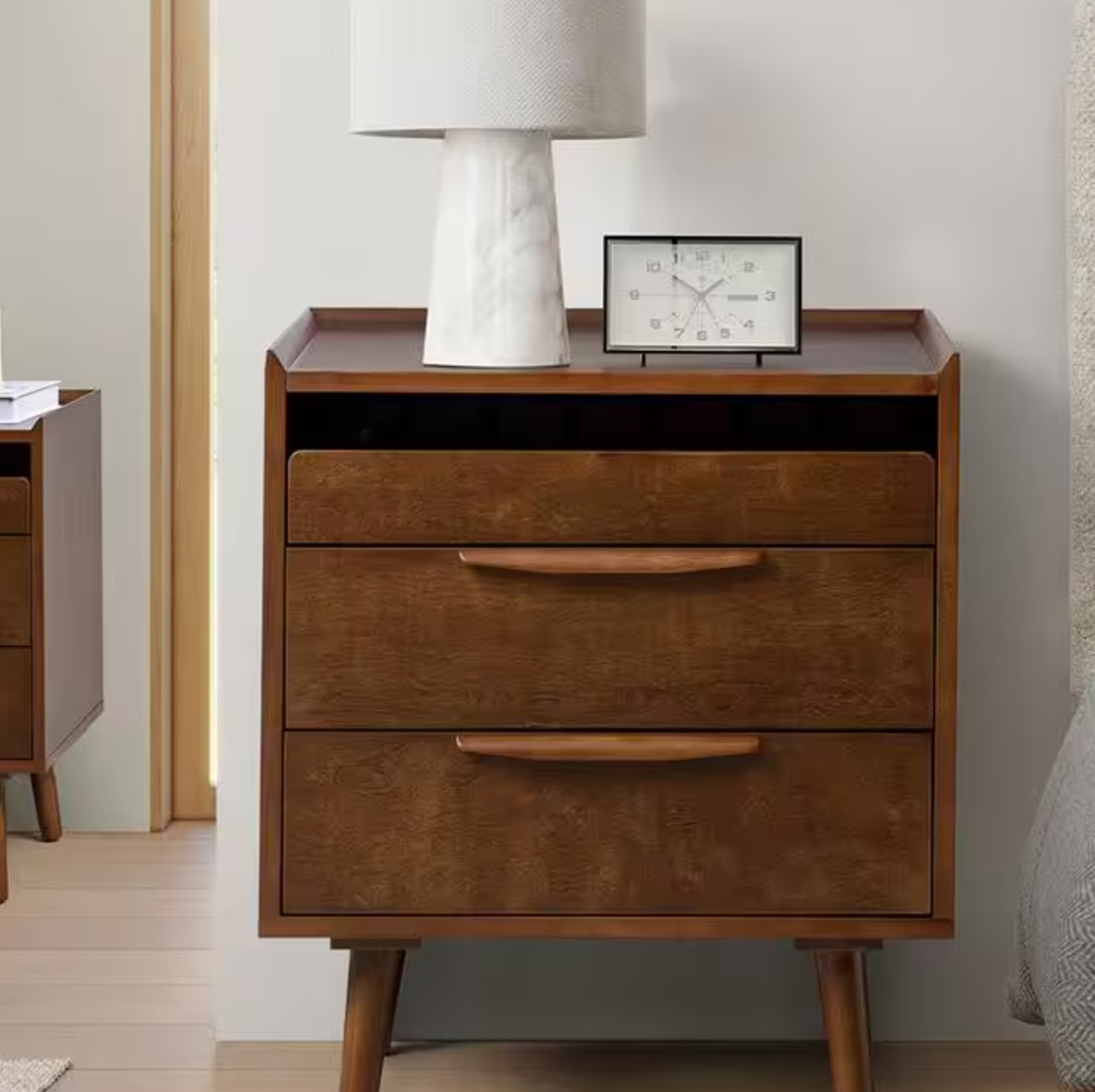 Kate Walnut Mid-century Style 3-Drawer 24 in. W Nightstand with Solid Wood Legs Set of 2